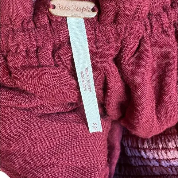 Free People Burgundy Velvet Babydoll Mini Dress w Smocked Bodice Lace Tie Back M - Picture 6 of 11